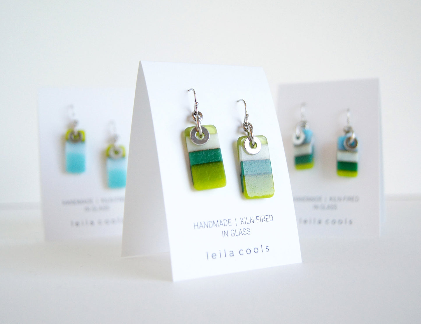 kiln-fired glass earrings handmade by Leila Cools