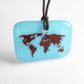 Blue map of the world pendant on cord necklace. 